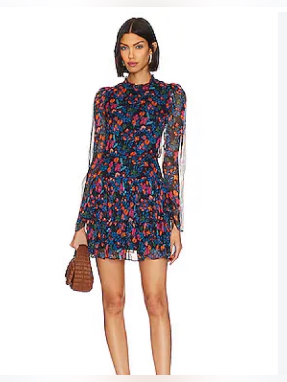 SALONI Ava Dress - Floral Mini Dress in Navy with Pink & Orange Accents - size 6
